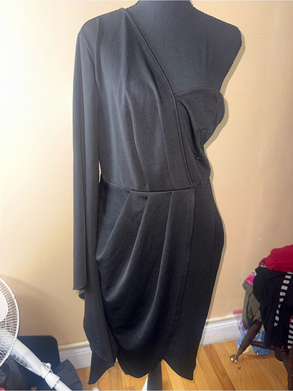 SHEIN Black One-Shoulder Draped Midi Dress